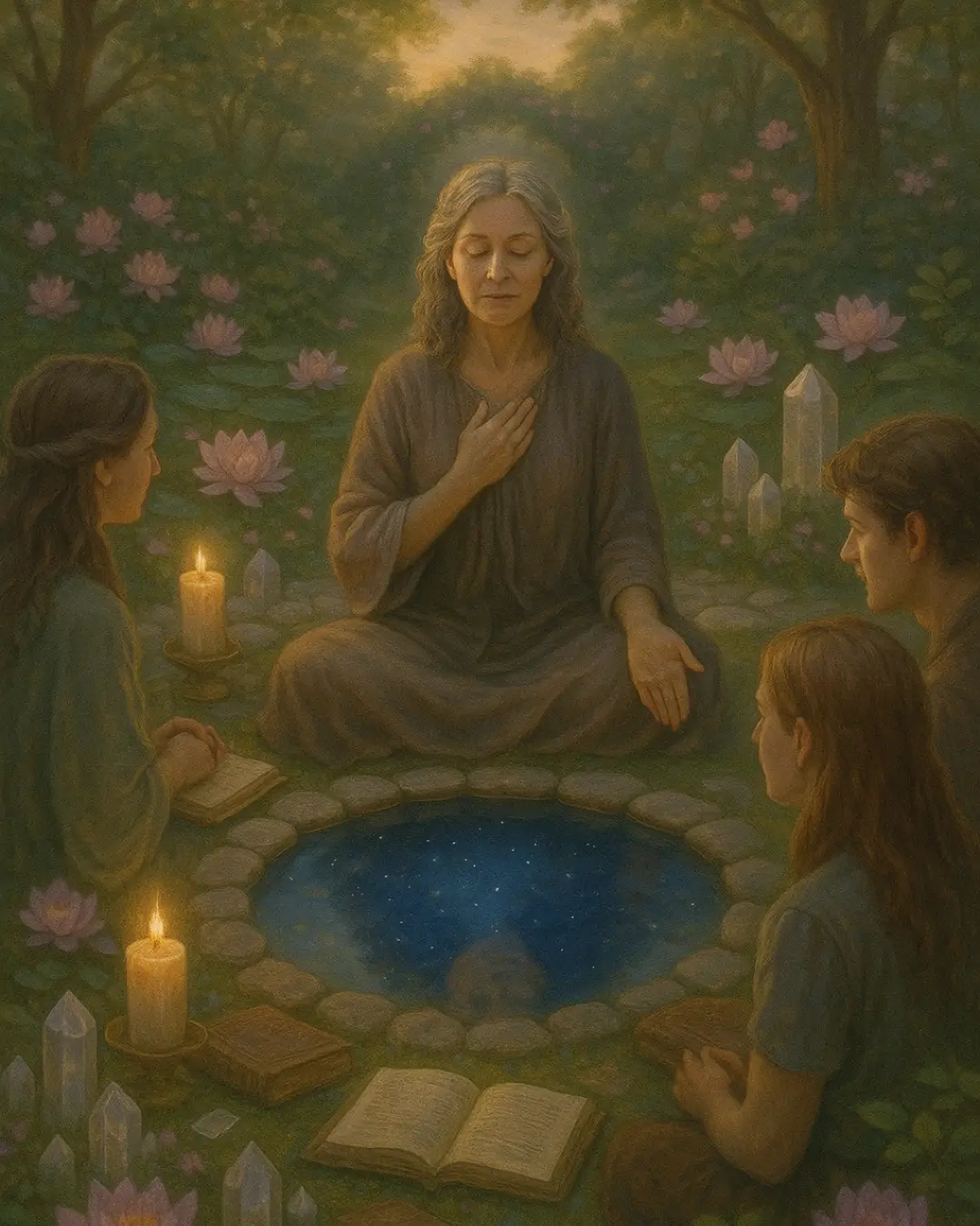 Fundo: Um jardim secreto iluminado por luz suave do fim da tarde, cheio de elementos simbólicos (flores de lótus, cristais, livros antigos e velas acesas). Elemento central: Uma mulher sentada em um círculo de pedras, com várias pessoas ao redor — todas recebendo conselhos. Mas no centro da imagem, ela fecha os olhos e coloca a mão no próprio peito, em um gesto de introspecção. Detalhe simbólico: Um espelho d’água diante dela reflete não seu rosto, mas o cosmos, como se ela estivesse vendo seu verdadeiro caminho refletido ali. Clima da imagem: Um momento de silêncio sagrado, onde a sabedoria que era oferecida aos outros começa a se voltar para dentro — e revelar o destino da alma. Essa imagem fecha o ciclo com profundidade e beleza: quem guia, também precisa se reencontrar. E a Astrologia Cármica é o mapa para isso.