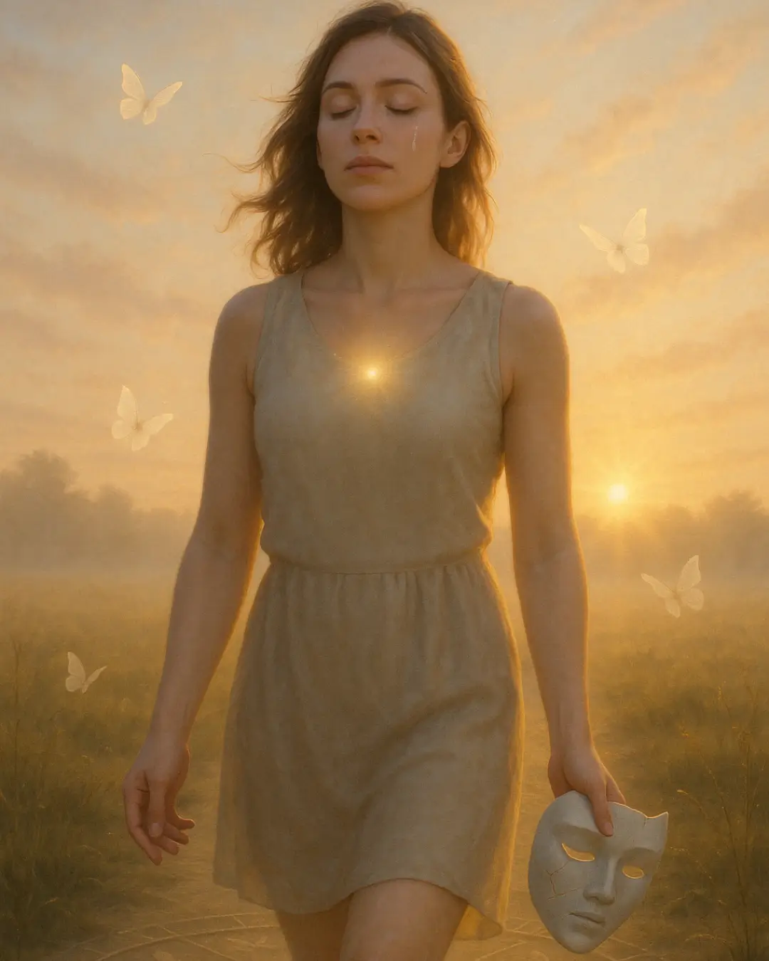 Fundo: Um campo aberto ao amanhecer, com névoa se dissipando e o primeiro raio de sol dourado tocando a terra — simbolizando o despertar. Elemento principal: Uma mulher caminhando lentamente em direção ao horizonte, sem adornos ou máscaras. Ela carrega nas mãos uma máscara quebrada, deixada para trás. Corpo e rosto: Expressão de leveza, olhos fechados e uma lágrima de alívio escorrendo, como se estivesse finalmente em paz consigo mesma. Toques simbólicos: Borboletas translúcidas voando ao seu redor, representando transformação; e uma aura suave se formando ao redor do coração. Essa imagem representa o momento em que a alma se liberta das camadas impostas — e escolhe viver com autenticidade e coragem.