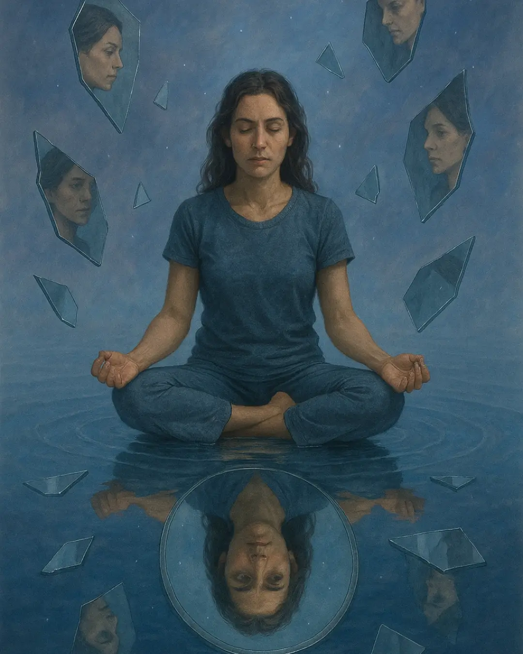 Fundo: Tons suaves de azul acinzentado e lilás, representando introspecção e sensibilidade. Elemento principal: Uma mulher sentada em posição de meditação, dentro de um espelho d’água cristalino, olhando seu reflexo (que mostra uma expressão emocional mais profunda, como se ela visse sua alma). Ao redor: Fragmentos flutuantes de espelhos quebrados — cada um com reflexos diferentes de si mesma, sugerindo múltiplas camadas emocionais e padrões escondidos. Céu ao fundo: Nebuloso, com toques de estrelas sutis, sugerindo a busca por algo maior e o toque da espiritualidade. Essa imagem representa visualmente o momento em que a alma clama por algo mais profundo que vá além das técnicas comuns — o chamado do autoconhecimento cármico.