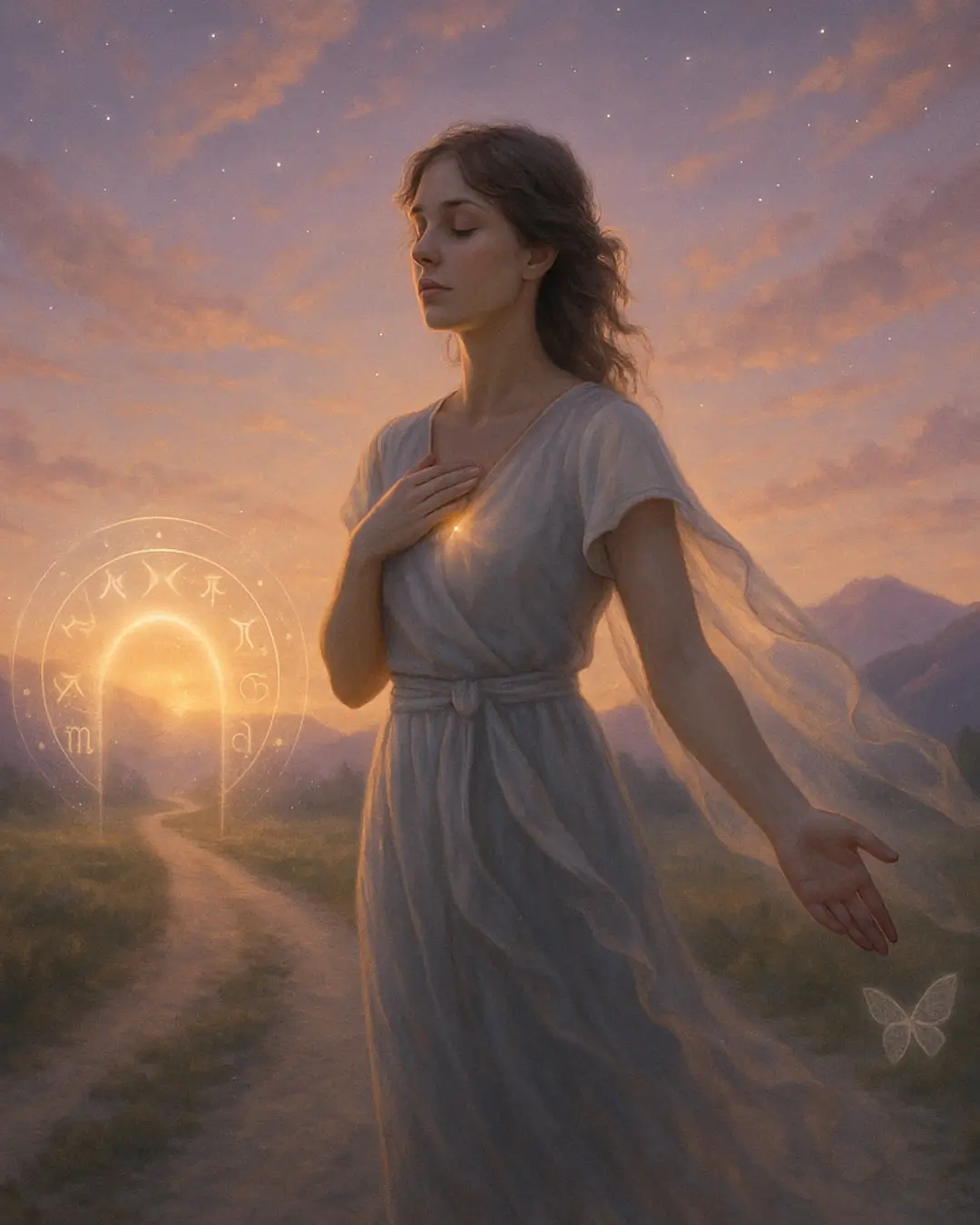 Fundo: Uma estrada de terra entre montanhas suaves, ao entardecer, com o céu em tons de dourado e lavanda — sugerindo transição e novos começos. Elemento central: Uma figura feminina de pé no início da estrada, com uma mão no coração e outra estendida em direção ao caminho. Ela veste roupas leves, com detalhes etéreos, como véus esvoaçantes. Toques simbólicos: Um portal energético sutil mais à frente na estrada (feito de luz e símbolos astrológicos), indicando o novo ciclo. Clima da imagem: Mistura de serenidade, coragem e expectativa — como se ela estivesse prestes a dar o primeiro passo rumo à sua missão de alma. Essa imagem representa o momento exato em que o coração sente: “eu não posso mais ignorar esse chamado”.