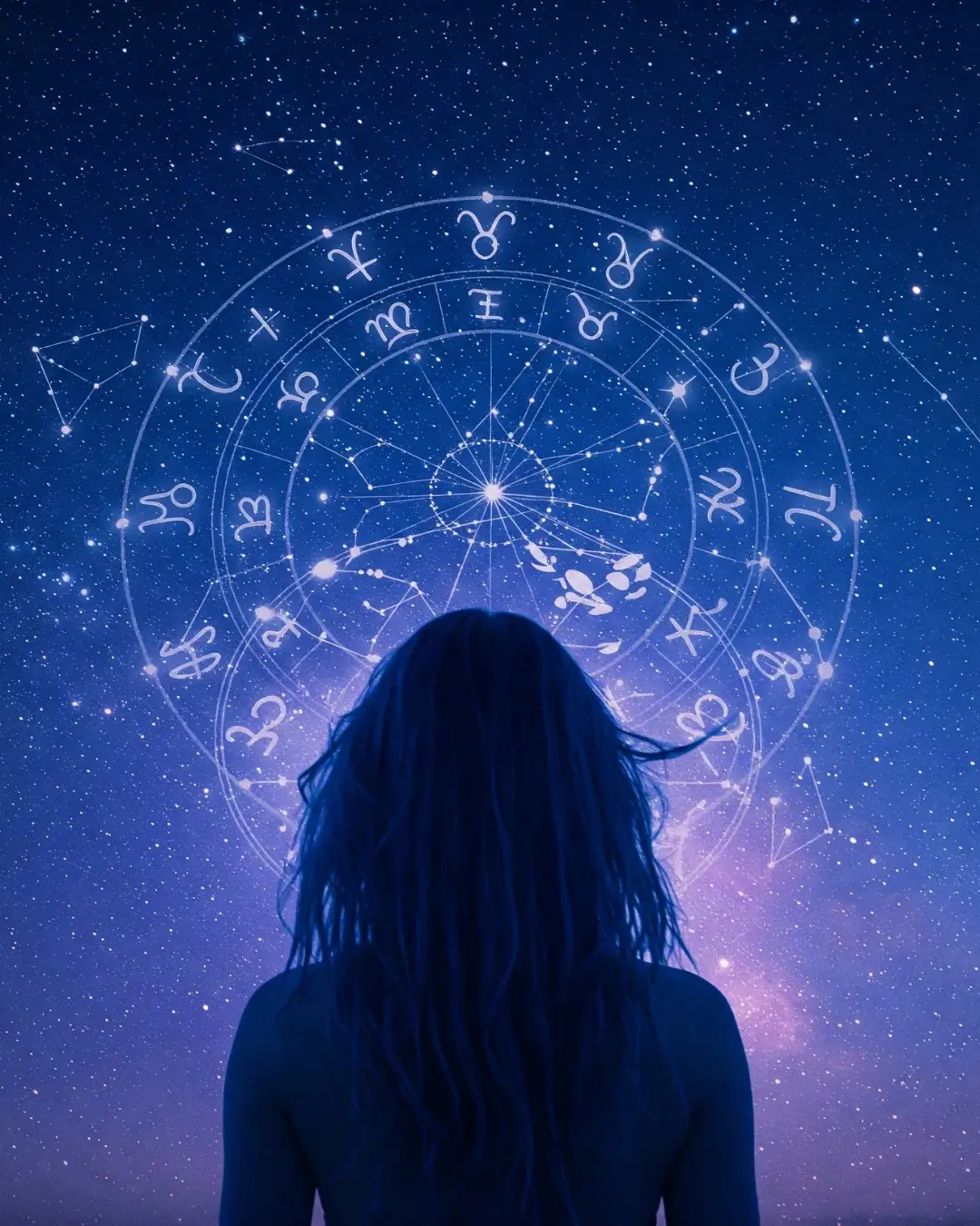 Fundo com tons etéreos ou galáxia (azul profundo com estrelas e uma leve névoa roxa). Uma figura feminina de costas, olhando para um céu estrelado com constelações em forma de mandala. Sobreposição suave de elementos astrológicos (como signos zodiacais girando em transparência).