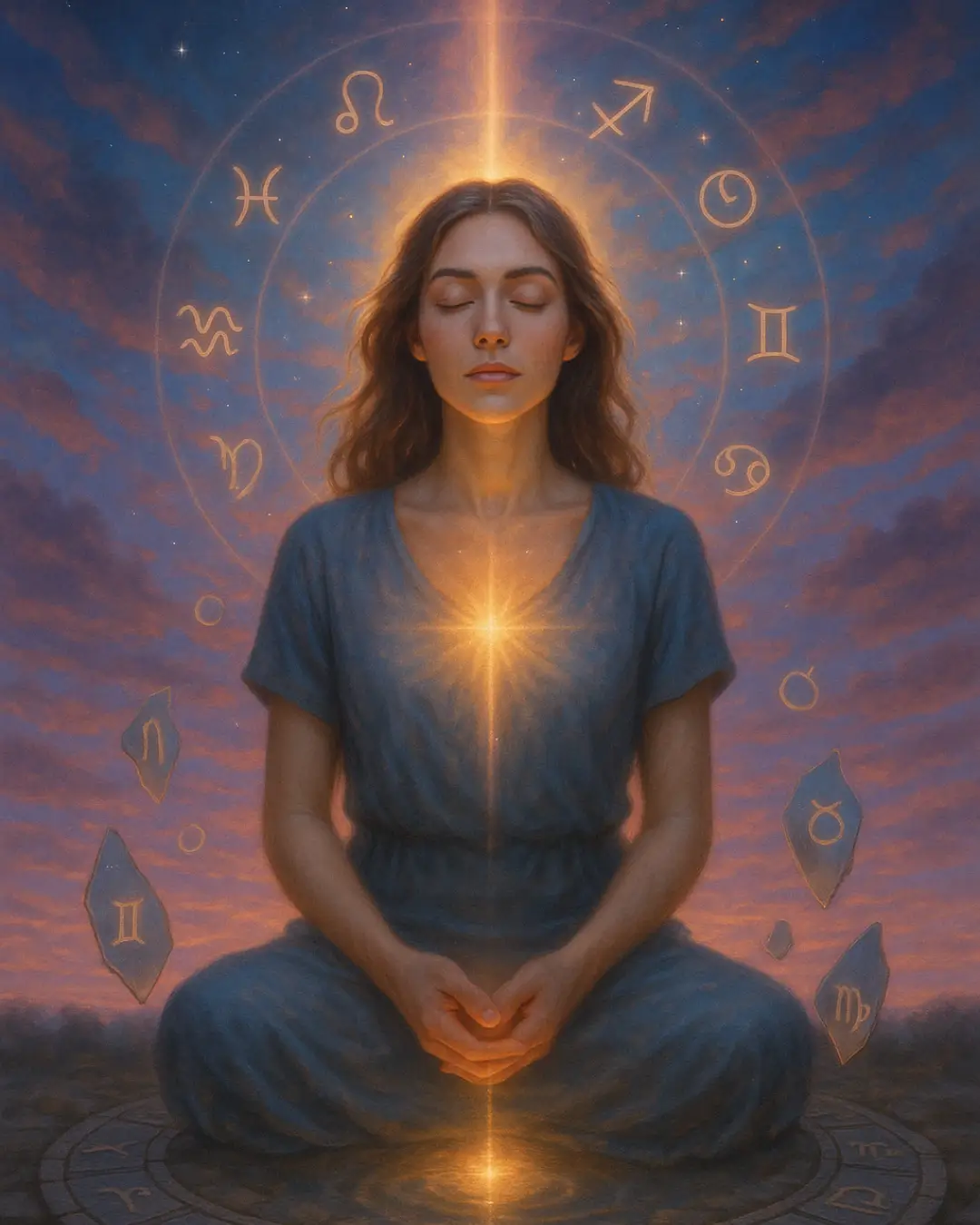 Fundo: Céu ao entardecer entre o azul profundo e o rosa dourado — símbolo da transição entre o mundo visível e o invisível. Elemento central: Uma mulher com expressão serena, olhos entreabertos como quem vislumbra algo além. Ela está envolta por uma aura luminosa com símbolos astrológicos girando em órbita ao seu redor. Chão onde pisa: Um antigo círculo de pedra com os 12 signos desenhados, como um zodíaco celta, ancorando o sagrado no terreno. Toque especial: Um feixe de luz desce do céu e toca o centro do seu coração — representando o despertar do propósito e a transformação espiritual. Essa imagem celebra a união entre o amor pela astrologia e a busca por um sentido mais elevado da existência.